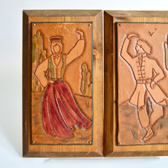 Handtooled Leather Man Woman Folk Art on Wood Wall Decor Vintage - Picture 2 of 6